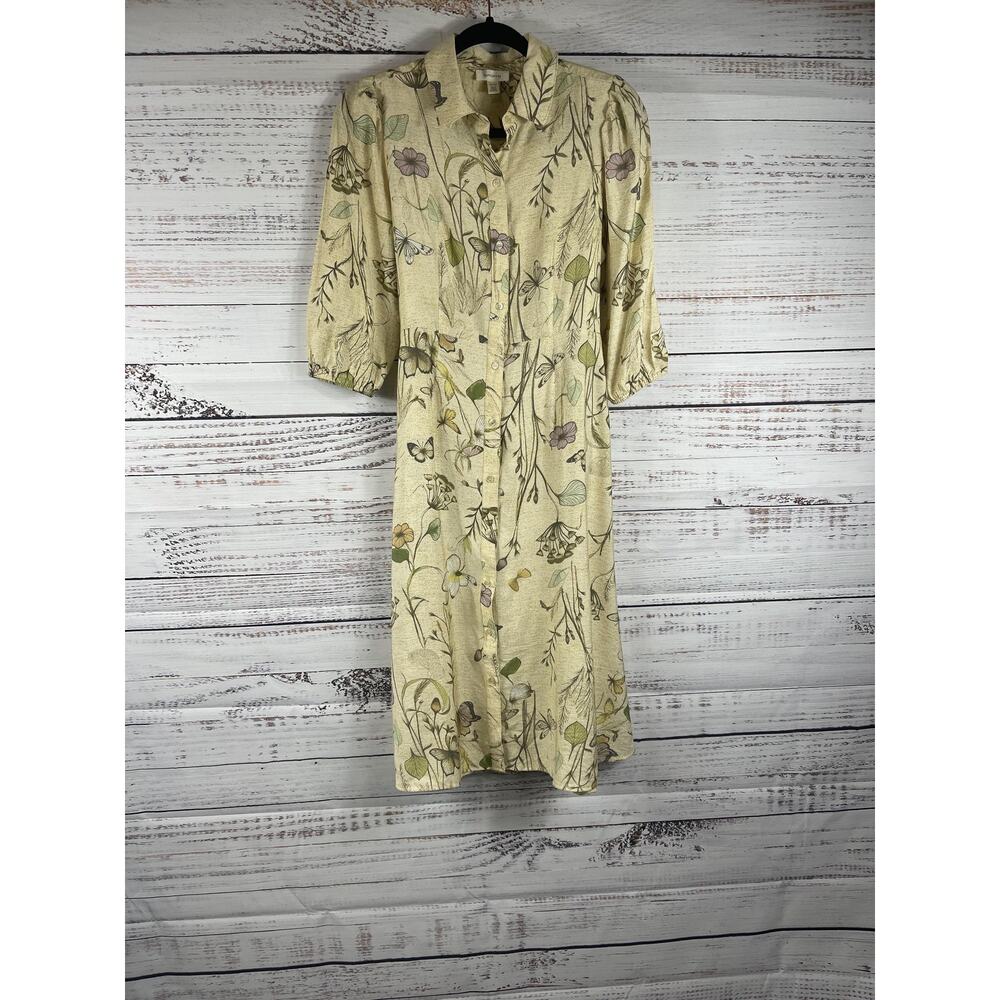 Tamara H. Shirt Dress Womens XS Beige Floral Belted Midi Puff Sleeve Boho